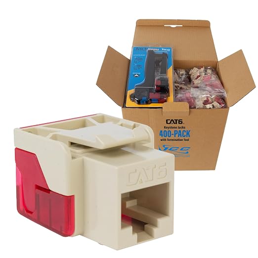 ICC CAT6 Keystone Jack with Inline IDC No Pair Split Wiring (Easier Termination) UL Listed PoE++ TAA Compliant for Wall Plate or Patch Panel, Includes JackEasy Termination Tool,Ivory, 400 Pack