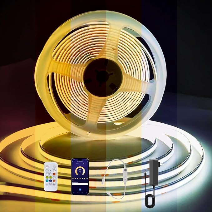 COB LED Strip Lights, CCT Tunable White LED Tape Light 9.84ft/3m, 2700K-6500K, CRI90+, 24V Dimmable LED Strips Kit with Bluetooth APP Control, for Bedroom, Kitchen, DIY Lighting.