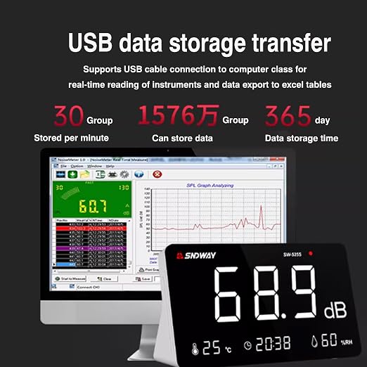 SW-525S 30-130dB Digital Meter Desktop Sound Level Meter with 6 inch LCD Display Meter Decibel Noise Time Temperature Humidity Meter for Classroom, Studio, Factory,Concert Hall