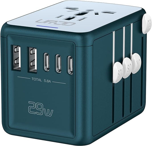 Universal Travel Adapter with 5 USB C/A Ports 30W Fast Charging, 2500W AC Outlet, International Power Adapter for Europe UK Japan, Travel Charger for Phone Laptop, 200+ Countries 10A Safety Fuse