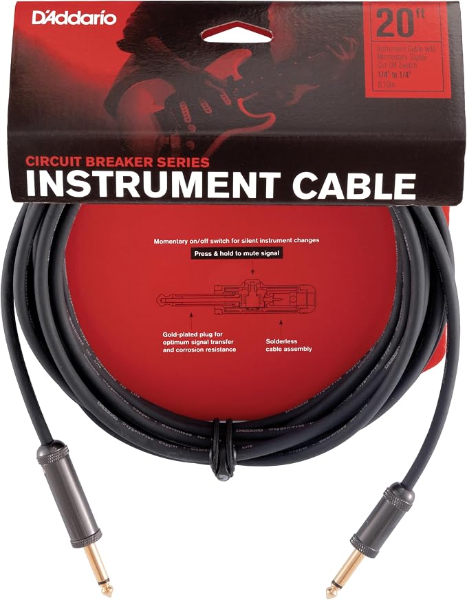 D’Addario Accessories Custom Series Circuit Breaker Guitar Cable - Momentary Kill Switch Instrument Cable with ¼ Inch Ends - On/Off Switch for Silent Instrument Changes - Straight, 20 feet