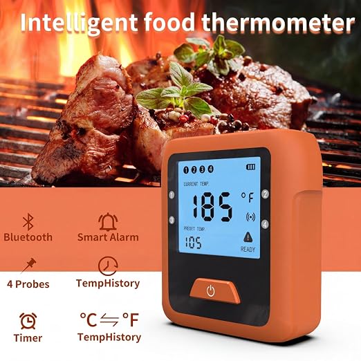 Wireless Meat Thermometer Digital for Outside Grilling BBQ Oven and Smoking, 4 Meat Probes Grill Thermometer for Home Chefs Cooking Turkey Fish Beef Bluetooth 330ft Range Temp Sensors