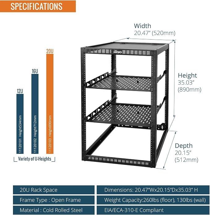 Tecmojo 20U Open Frame Network Rack for IT & AV Gear, AV Rack Floor Standing or Wall Mounted,with 2 PCS 1U Rack Shelves & Mounting Hardware,Network Rack for 19" Networking,Audio and Video Device