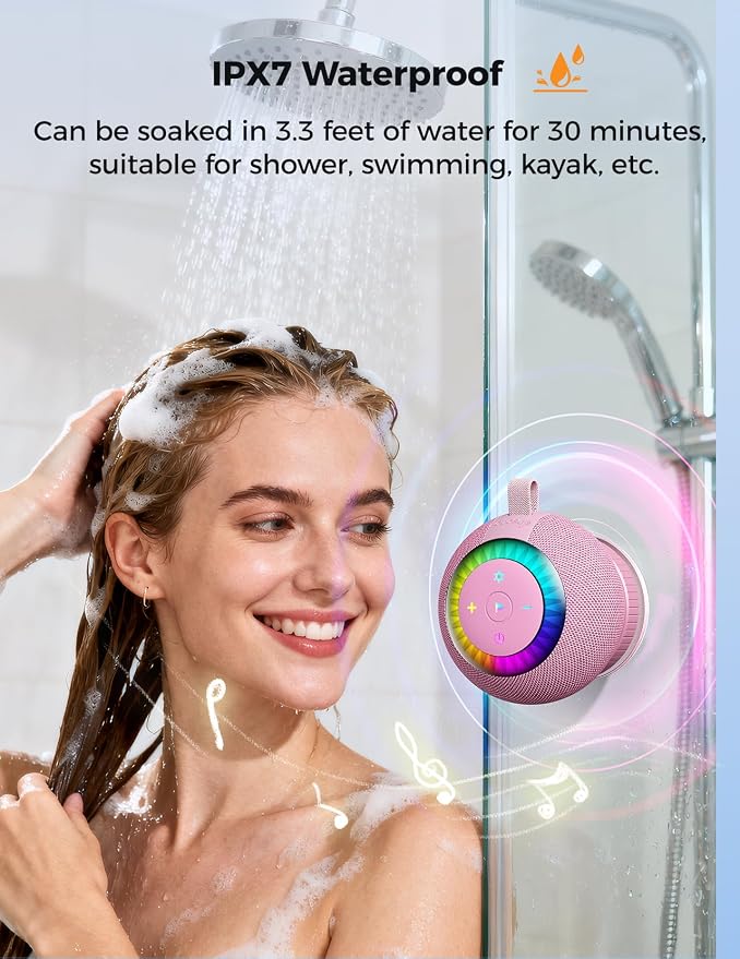 Bluetooth Shower Speaker Waterproof IPX7: Removable Vacuum-Lock Suction Cup, 360° Surround Sound, RGB Light, Portable Wireless Speaker for Beach, Pool, Kayak, Back to School Gifts for Adult Teen-Pink
