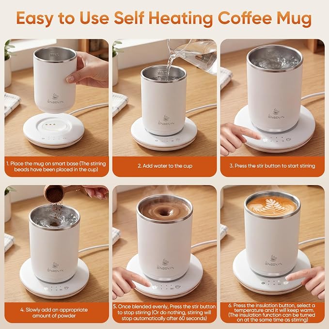 Self Stirring Coffee Mug, Self Heating Coffee Mug, Heated Cup with 3-Level Smart Temperature Control, Auto Shut-Off Electric Coffee Cup Warmer with Detachable Base, Gift for Family Friends (White)