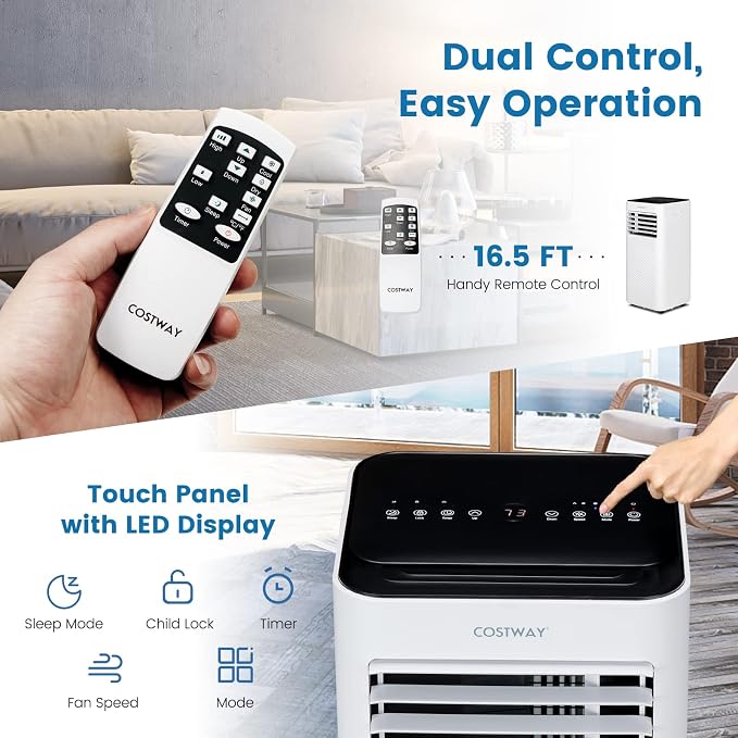 COSTWAY Portable Air Conditioner, 10000 BTU AC Unit with Cool, Fan, Dehumidifier & Sleep Mode for Rooms up to 350 Sq.Ft, with 24H Timer, Child Lock, Remote Control & Window Kit (White and Black)