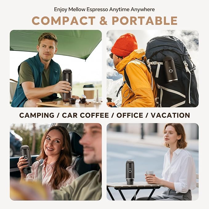 i Cafilas Portable Espresso Machine Self-Heating | Battery Powered Coffee Maker for Camping without Electricity| 2-in-1 Ground Coffee&NS Capsule|19 Bar| USB-C Fast Charge| Black Coffee Maker for Car