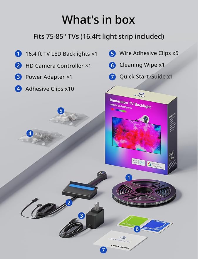Ailofy TV Backlight with Camera for 75-85" TVs, 16.4ft LED Strip Lights, Real-Time Full-Screen Sync for Movies, Gaming & Music, Smart Bias Lighting, Works with Alexa & Google Assistant, App Control