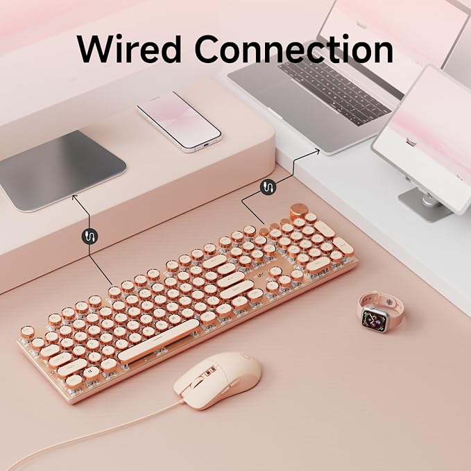 EWEADN Wired Typewriter Keyboard and Mouse Combo, Typewriter Style Mechanical Keyboard,104 Keys Backlit LED Keyboards, Media Control Knob, Wired Keyboard Pink Switch for Windows/PC-Pink