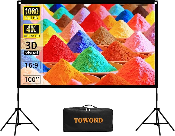 Projector Screen with Stand, Towond 120 inch Outdoor Movie Screen 16:9 HD Front Rear Portable Projection Screen with Carry Bag Wrinkle-Free and Foldable Design for Soccer Match Viewing Parties