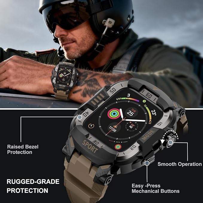 DABAOZA Rugged Case with Band Compatible with Apple Watch 44mm, for iWatch Series 6/5/4 & SE 3/2/1,Military Grade Shockproof Bumper and Men's Tactical Heavy Duty Strap (Desert Tan,44MM)