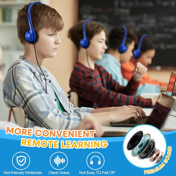 Kids Headphones Bulk 12 Pack for School Classroom Student Children Toddler Boys Girls Teen and Adults, Wholesale Wired Computer Earphones Class Set for Library Museums Airplane (HY857,12 Blue)