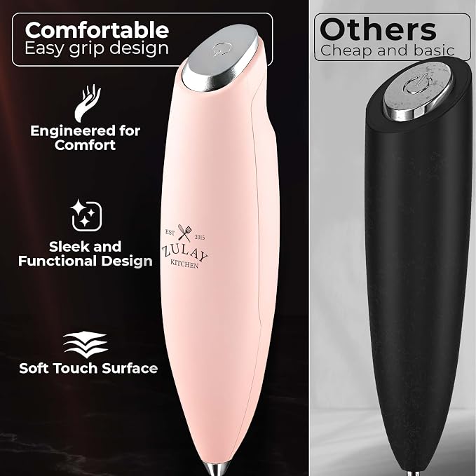 Zulay Kitchen Powerful Milk Frother Wand With Duracell Batteries - Ultra Fast Handheld Drink Mixer - Electric Whisk Foam Maker for Coffee, Lattes, Cappuccino & Matcha - Triple Whisk - Peach Pink