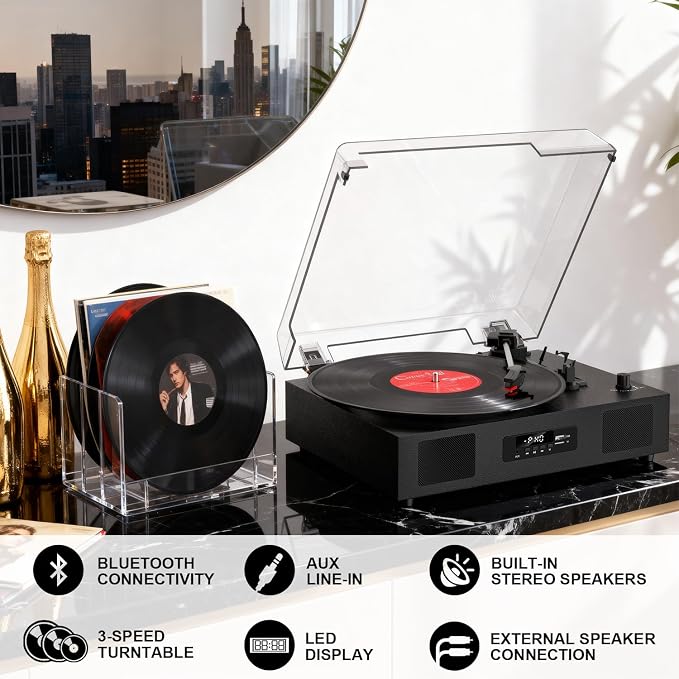 Vinyl Record Player with Built-in Stereo Speakers, Vinyl to USB Recording, Belt Drive 3 Speeds Turntables for Vinyl Records Support Bluetooth Input AUX RCA Output, Black