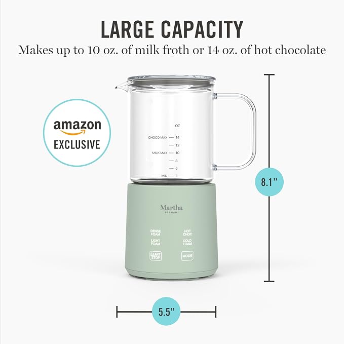Martha Stewart Milk Frother and Steamer, 10oz/300ml Glass Cup, 4 Presets (Cold Foam, Light, Dense & Hot Chocolate), Ready in 90 Seconds, Cordless Pouring, One-Touch for Hot and Cold Milk, Honeydew