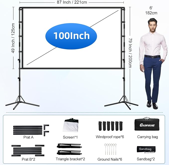 100-Inch Portable Projector Screen with Stand - Indoor Outdoor Movie Screen for Home Theater, Backyard & Classrooms 16:9 4K HD Lightweight Projection Screen Includes Carry Bag for Travel & Camping