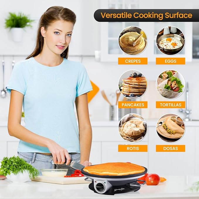 Morning Star 13" Electric Crepe Maker, Nonstick Pancake Griddle, Adjustable Temperature Control with LED Indicator Lights, Includes Spatula & Batter Spreader, Quick Cleanup, Stainless Steel