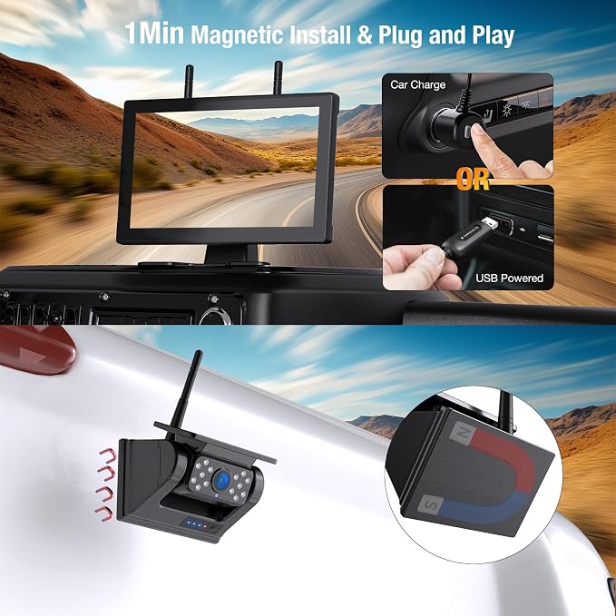4 Magnetic Solar Wireless Backup Cameras 1080P 9"Touchscreen with DVR,328FT | 15,000mAh Rechargeable Battery,1-Min Install No Wiring,Clear Night Vision,Long Life,Loop Recording,for Truck Trailer SUV RV