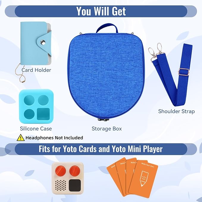 Hard Case Compatible with Yoto Mini (2024 Edition), 3-in-1 Travel Bundle: Silicone Cover + Case with Shoulder Strap (Fits Mini Player & Headphones) + Up to 10 Card Holder for YOTO Cards (Blue)