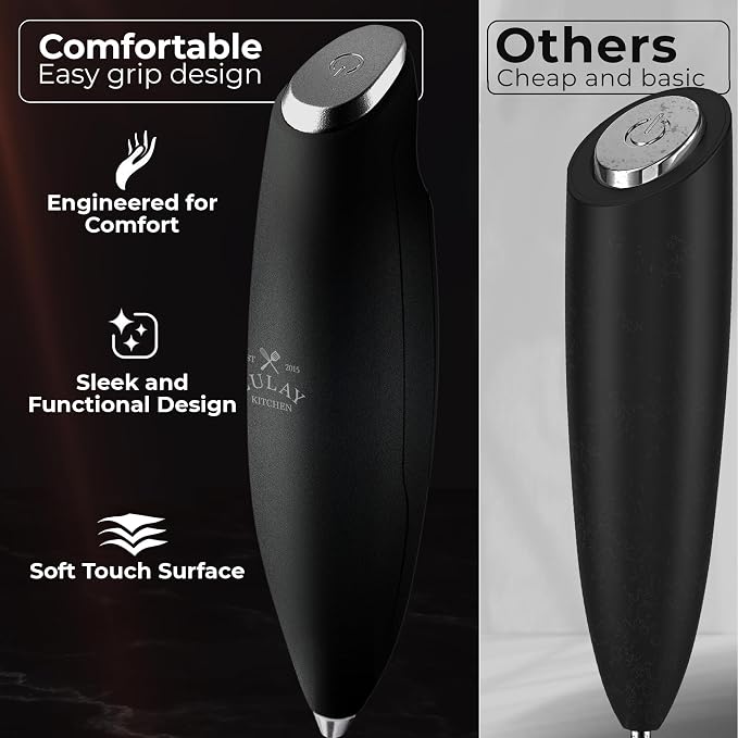 Zulay Kitchen Powerful Milk Frother Wand With Duracell Batteries - Ultra Fast Handheld Drink Mixer - Electric Whisk Foam Maker for Coffee, Lattes, Cappuccino & Matcha - Triple Whisk - Quartz Obsidian