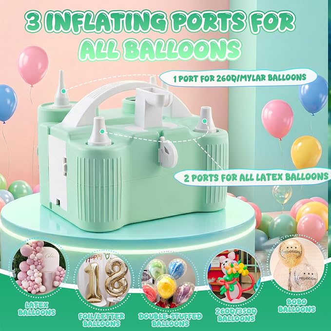 4-in-1 Electric Balloon Pump for All Balloons, Portable Triple Inflating Ports Air Pump, 600W High Power Balloon Blower for Latex Foil 260q Mylar Balloon, Air Beds Pool Float Sports Balls