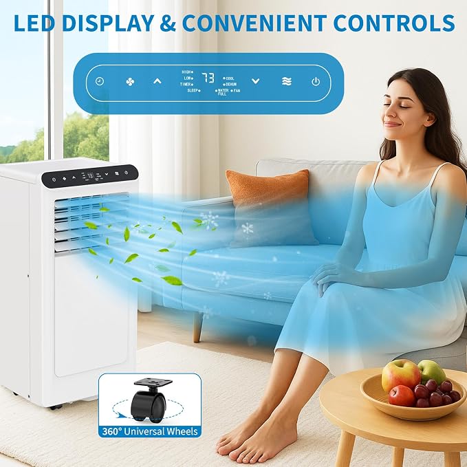 8000 BTU Portable Air Conditioner, Cools 350 Sq.Ft. Quiet 48dB AC Unit with Dehumidifier, Fan & Sleep Modes, 24H Timer, Remote Control & Window Kit, DOE Certified CEER 6.2, White+Black Panel