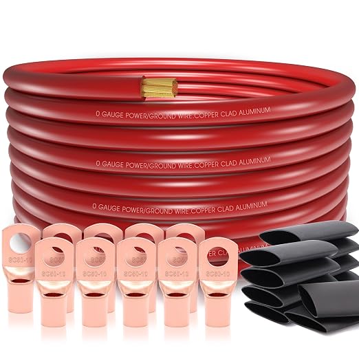 20FT 0 Gauge Wire,1/0 Battery Cable Copper Clad Aluminum,10pcs Lugs Terminal Connectors with 3:1Heat Shrink Tube for Amp,Winch,Reducer,Starter,Solar Power