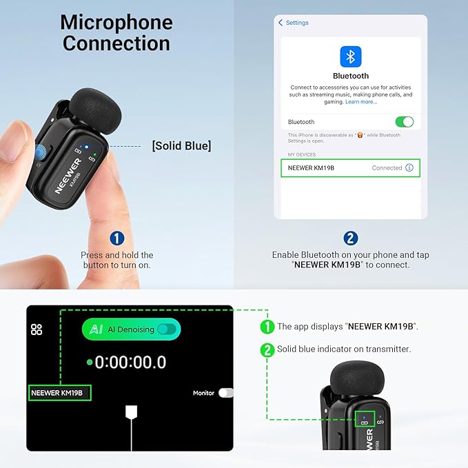 NEEWER KM19B Wireless Lavalier Microphone Transmitter with App Control, 10Hrs Battery, Noise Cancelling Magnetic Mini Clip On Lapel Lav Mic for iPhone Android Phone Video Recording Streaming Vlogging