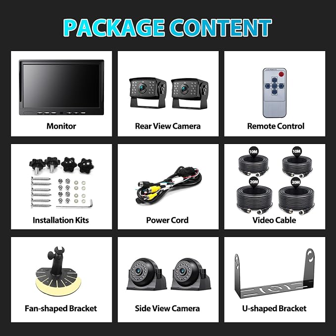 Fookoo Ⅱ 10" 1080P Wired Backup Camera System Kit,10" HD Quad Split Screen Monitor with Recording IP69 Waterproof Rear View Side View Camera Parking Lines for Truck/Semi-Trailer/Box Truck/RV(DY104)