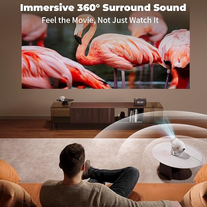 Smart Mini Projector with WiFi 6 and Bluetooth 5.4, Android 14 OS with Built-in Apps, 270° Rotation, Support 1080P 4K, Portable Projector for Home Theater, Bedroom & Outdoor Movies, White