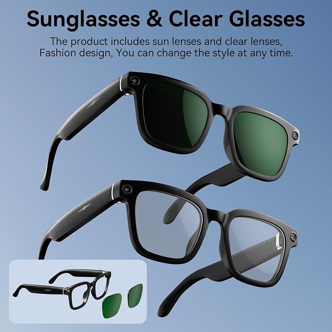 Smart Glasses with Camera, 1080P Video Recording Glasses for Life | 165 Languages Real Time Translation, AI Voice Assistant, Open-Ear Audio,Sunglasses with Color-Changing Clear&Green Lenses