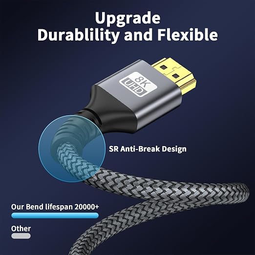 8k Hdmi Cable 6.6ft Ultra High Speed HDMI 2.1 Cable 8K@60HZ 4K@120HZ 48Gbps HDMI Cord for HDTV,PS4,PS5,Monitor Laptop,Xbox,HDCP 2.2&2.3 Support HDR,eARC,Dolby.(Silvery)