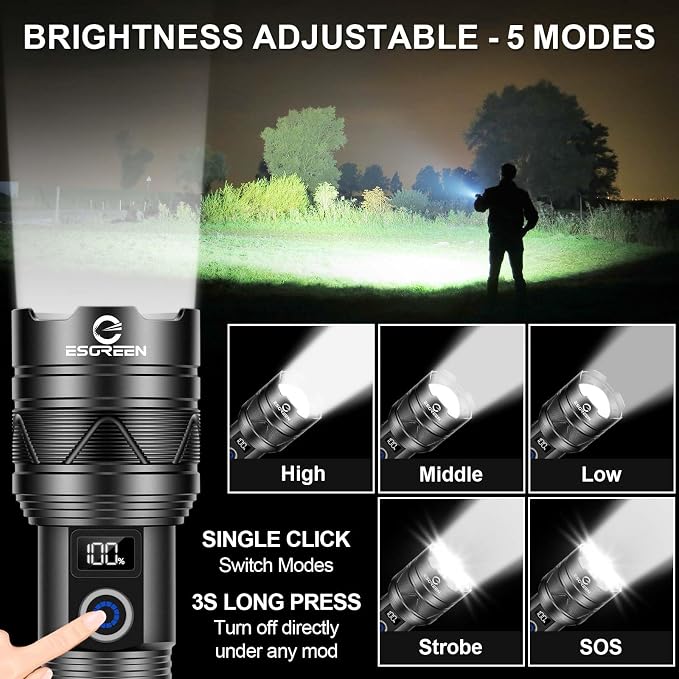 Esgreen 2 Pack Rechargeable Flashlights High Lumens, Long Range Super Bright LED Flashlight USB C, High Powerd Heavy Duty Strong Flash Light High Beam, for Emergency Security Camping