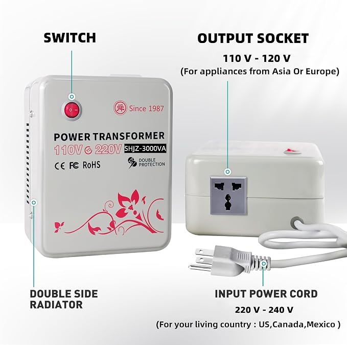 SUNSHUN Step Up Transformer 110v to 220v Converter 3000W Voltage Transformer 110-120v to 220-240v with Temperature Protection for European Asian Appliances in USA