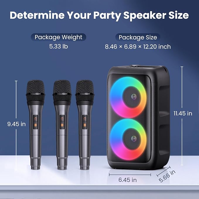 Bluetooth Speaker with 3 Wireless Microphones，Portable Party Speaker for Adults & Kids with Lights,Speakers Bluetooth Wireless，Floorstanding Speakers Support TWS/AUX/USB/TF Card for Home Party Gift