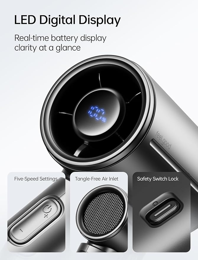 JISULIFE Mini Handheld Fan Life9S - Sleek Chrome: Turbo Power, 22 Hours Cooling, LED Display, 5000mAh, 5-Speed, Small Portable Fan for Travel, Cruise, Concerts, Trendy Gifts for Women Men-Black