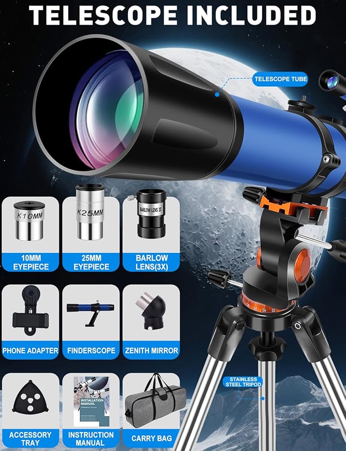 Telescope for Adults High Powered 90mm Aperture 800mm,Refractor Telescopes for Astronomy Beginners with AZ Mount Tripod,Phone Adapter,Carry Bag (80090blue)