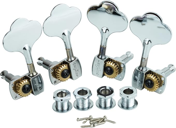 Guyker Bass Tuners (2R + 2L) - 1:22 Ratio Gear Open Frame Bass Drop Locking Machine Head Tuning Key Pegs Replacement for Electric Jazz Guitar Bass or Precision Instruments, BB100 Chrome