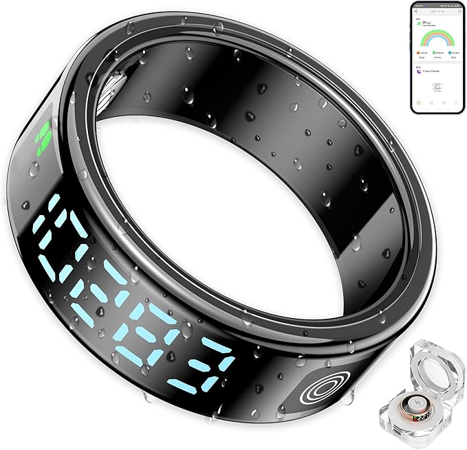 Smart Ring Health Tracker with Display for Women Men - German Chip,Ultra Light,Ultrathin,Free Charging case,iOS/Android/Fitness/Heart Rate/SpO2/Sleep/Step/Pressure