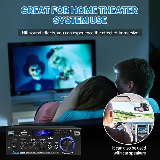 Bluetooth 5.0 Audio Amplifier Receivers-AK45 HiFi Stereo Mini Power Amplifier RMS 40W x 2 Max. 600W 2.0 Channel Home Theater Audio Components Speakers Amp W/MIC,USB, RCA,FM Radio