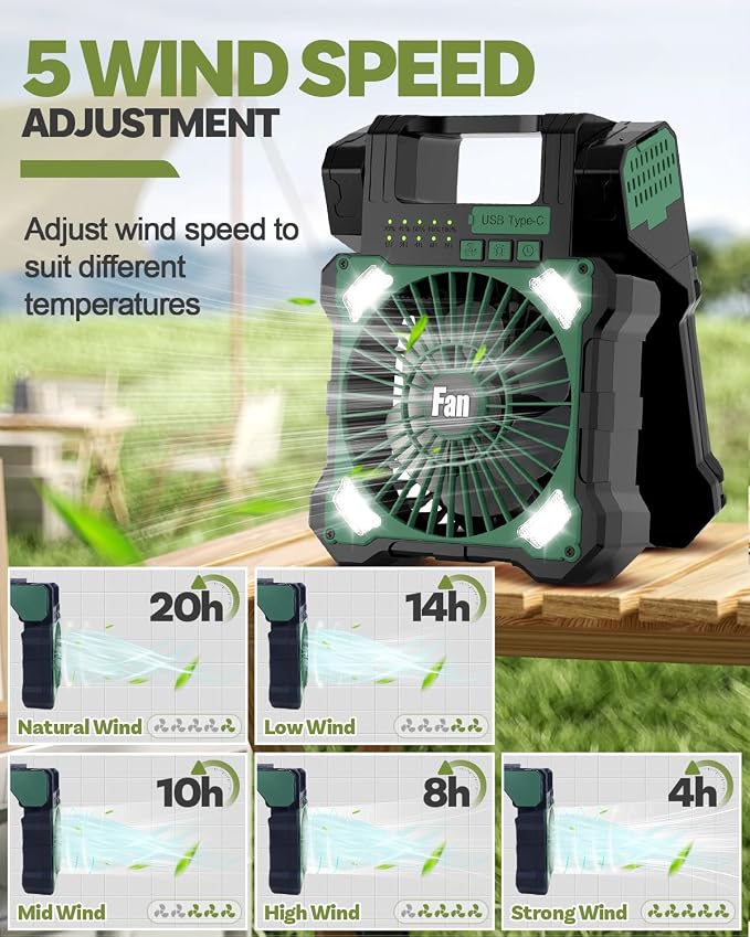 22000mAh Camping Solar Fan, Dual-Panel Rechargeable Solar Powered Fan with LED Light, 5 Adjustable Speeds Battery Powered Portable Fans, USB-C Fans for Travel Tent Home Camping Accessories