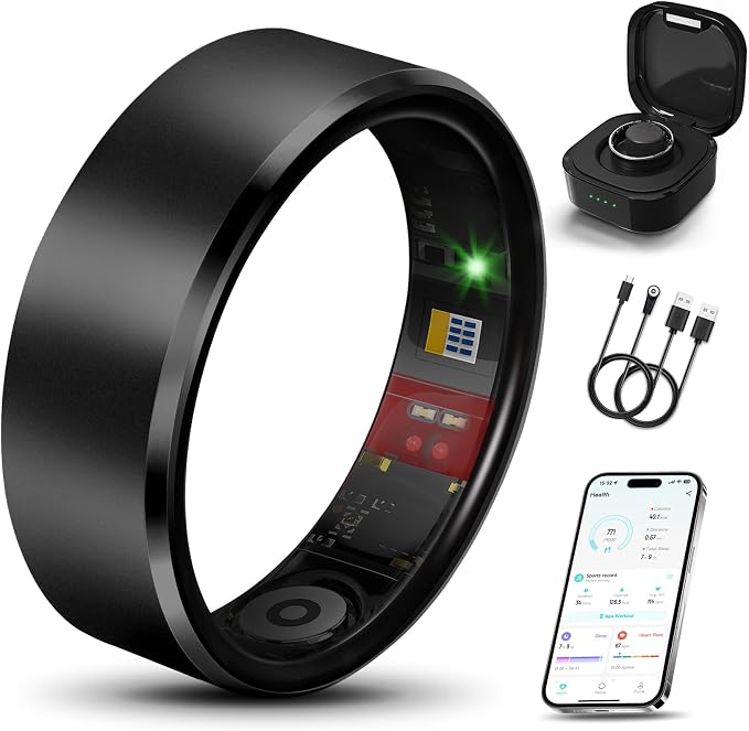 Smart Ring 2.0 for Women Men, Slim Scratch & Fingerprint Resistant Design, Advanced Chip Fitness Tracker, Sleep, Stress & Activity Monitoring, Waterproof, No Subscription Fees, Black 11