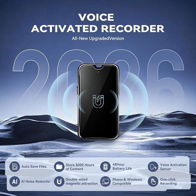 Voice Activated Recorder 64GB Digital Voice Recorder with Playback MP3 Magnetic Portable Small Audio Recording Device with DSP 5.0 AI Noise Reduction for Lectures, Meetings & Work（Black）