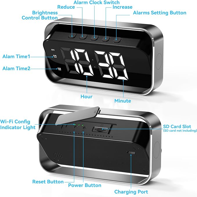 4K FHD Security Mini Camera Alarm Clock, 2.4G&5G WiFi Nanny Cam with Night Vision and Motion Detection Alert, Wide Angle Surveillance Camera for Pet Baby Monitoring, APP Remote Control by Mobile Phone