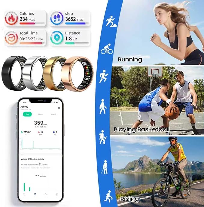 Smart Ring for Women Men, Health Fitness Ring Gen 3 with Free App No Subscription Fee, Stress & Sleep Monitor, Heart Rate & Step Tracker, IP68 Waterproof, Android/iOS Compatible (Black,13)