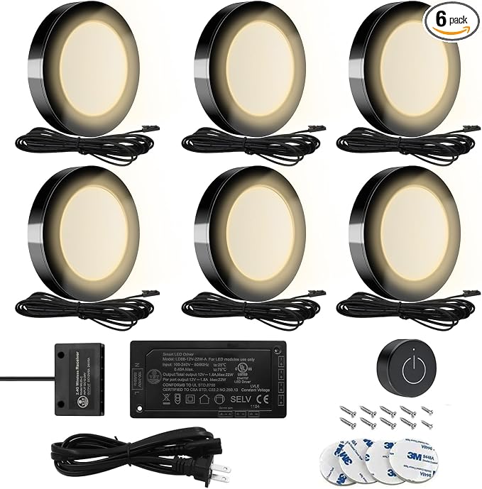 VST Under Cabinet Lighting 12V 2W (12W Total, 60W Equivalent), Wireless Dimmer Switch, Recessed or Surface Mount Wiried Puck Light for Kitchen, Wardrobe (6 Pack Black 3000K)