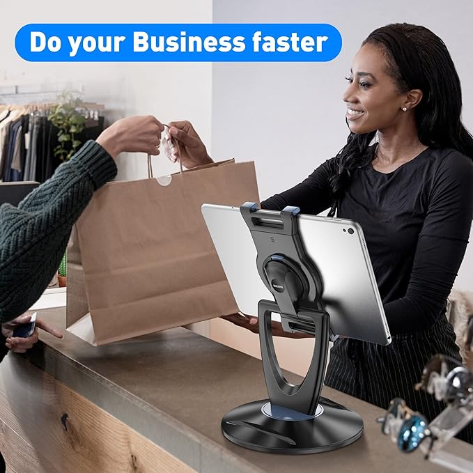 iPad Tablet Stand Holder for Desk - 6 inch to 13 inch - Stable, Adjustable - 360° Swivel Angle Pen Phone iPad Stand for Store, Retail Kiosk, Reception, Home Office, Gift Ideas - Black