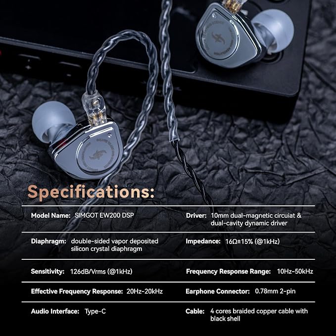 Linsoul SIMGOT EW200 10mm SCP Diaphragm Dynamic Driver in-Ear Earphones with All Metal Body, Detachable 0.78mm 2pin Silver-Plated OFC Cable for Audiophiles Musicians (EW200 DSP)