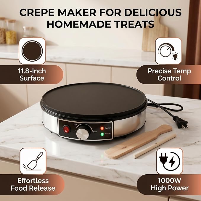 AUNMAS 11.8 Inch Crepe Pan with LED Indicator, Temperature Adjustable Nonstick Aluminum Electric Griddle & Crepe Maker with Spatula and Batter Spreader for Home Commercial Use (US Plug 110V)