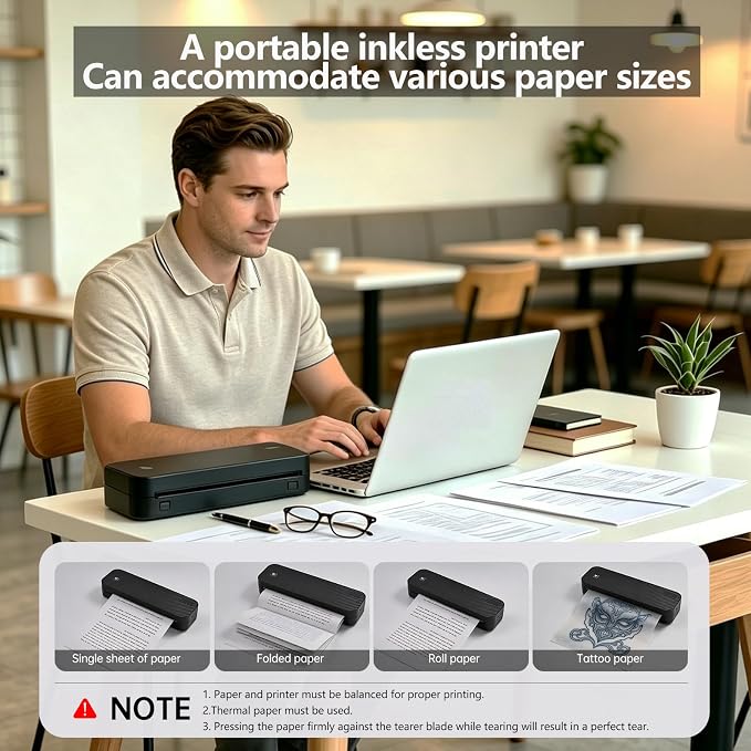 Portable Printer for Travel Bluetooth,Inkless Travel Printer,supports thermal US Letter & A4 & A5 & A6 & A7 & Receipt paper,Compatible with Phone & Laptop and Tablet,with 3 thermal paper rolls.